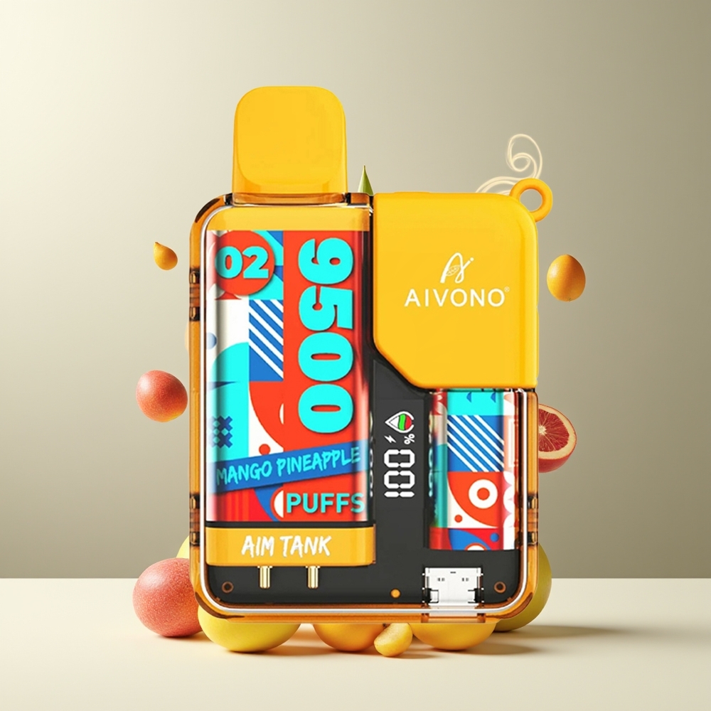 Aivono AIM-TANK 9500 Puffs grossister Sverige – 18ml E-liquid, 650mAh Battery, LCD Display, 1.2ohm Mesh Coil Mango Ananas