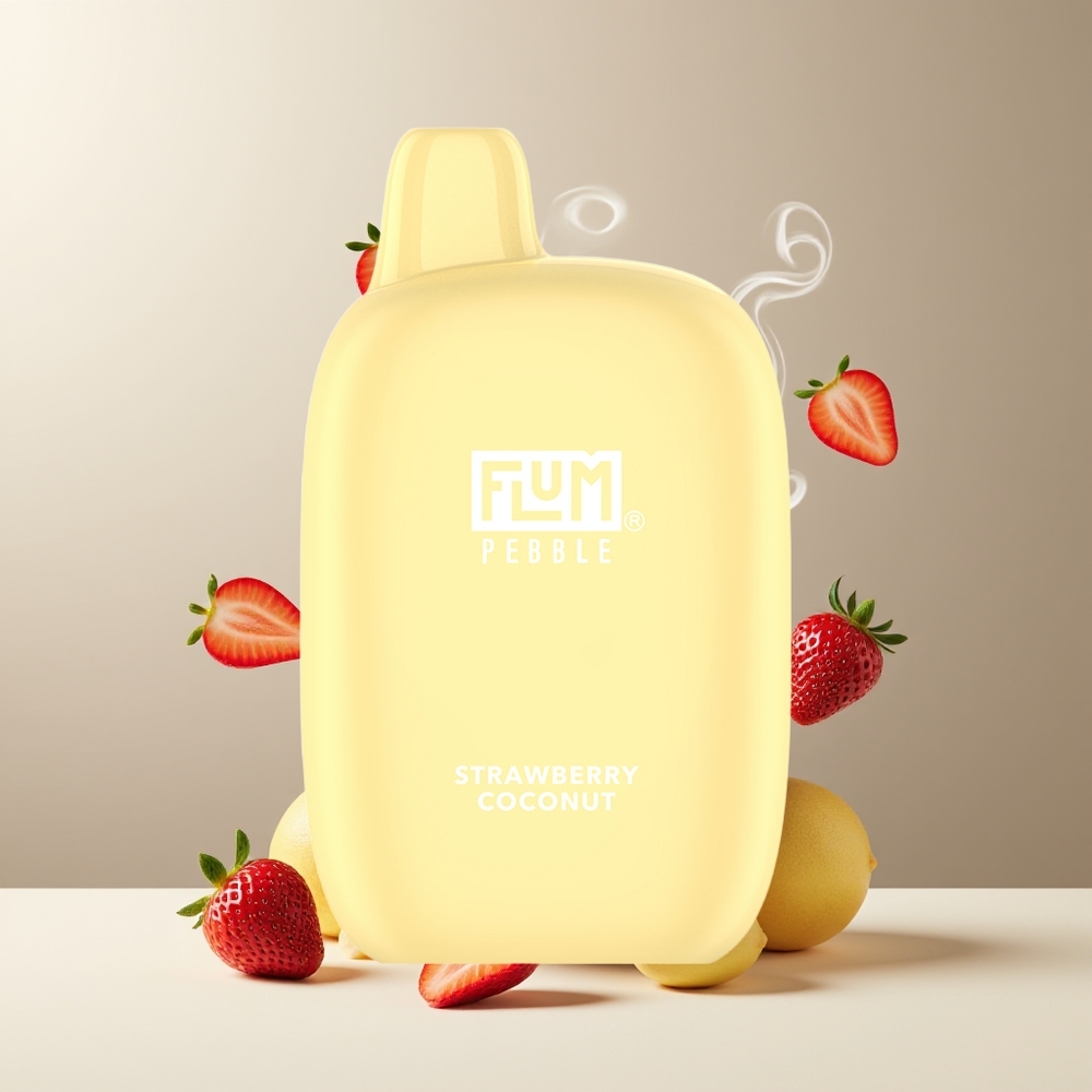 Flum Pebble 6000 Grossister Sverige – 10ml E-vätska, 5% Nikotin, 500mAh Batteri, Mesh Coil, Type-C Laddning Jordbær Kokos