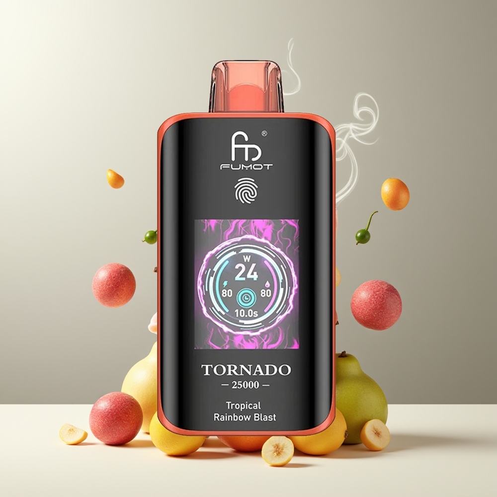 Fumot Tornado 25000 Puffs Grossister Sverige med HD-skärm, 700mAh batteri & 20ml e-vätska Tropisk Regnbue Blast