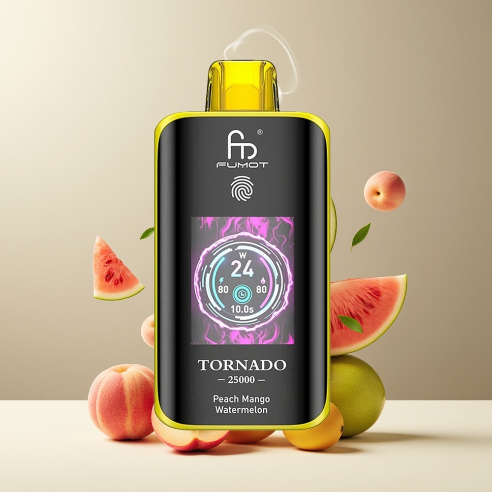 Fumot Tornado 25000 Puffs grossister Sverige med HD-skärm, 700mAh batteri & 20ml e-vätska Fersken Mango Vandmelon