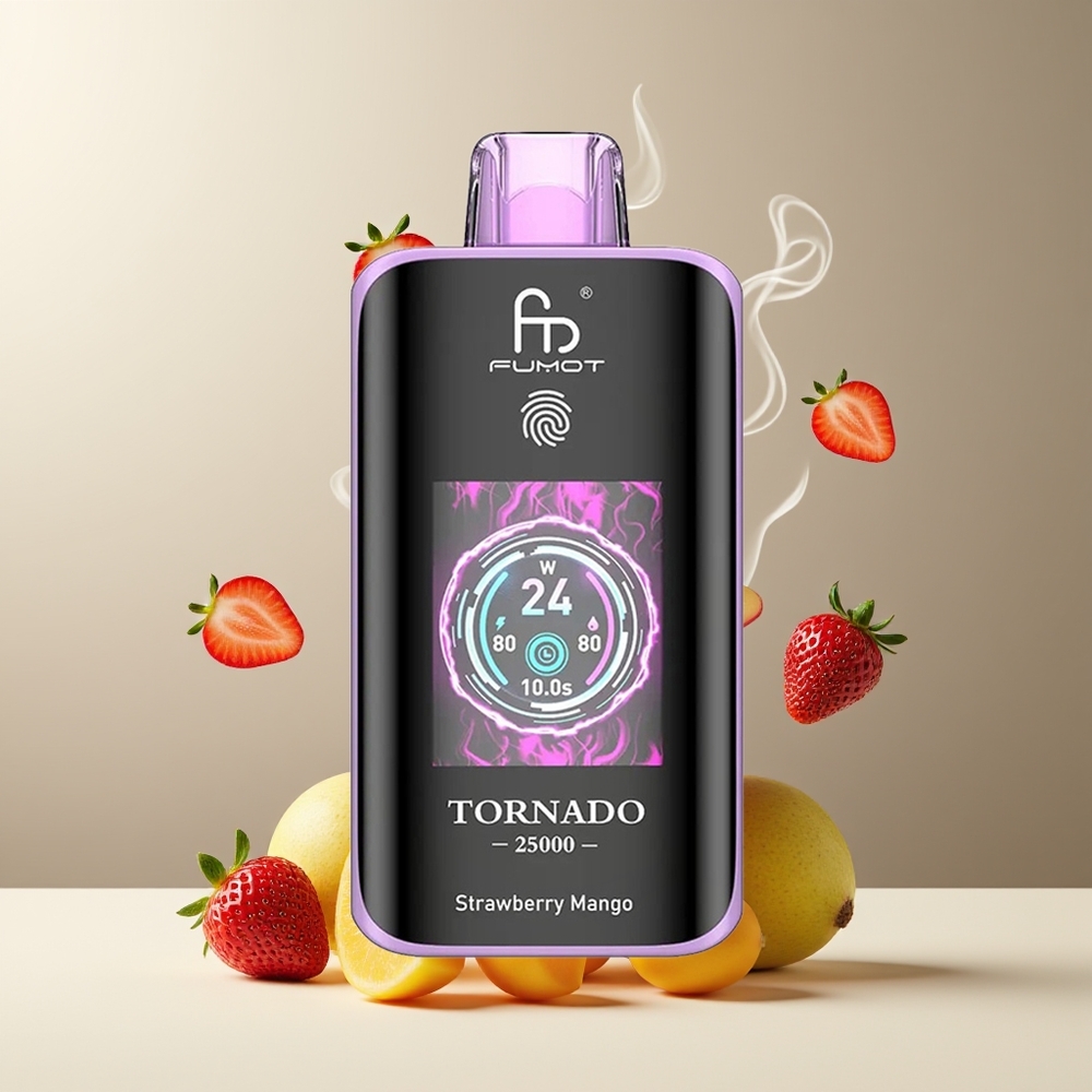 Fumot Tornado 25000 Puffs grossister Sverige med HD-skärm, 700mAh batteri & 20ml e-vätska Jordbær Mango