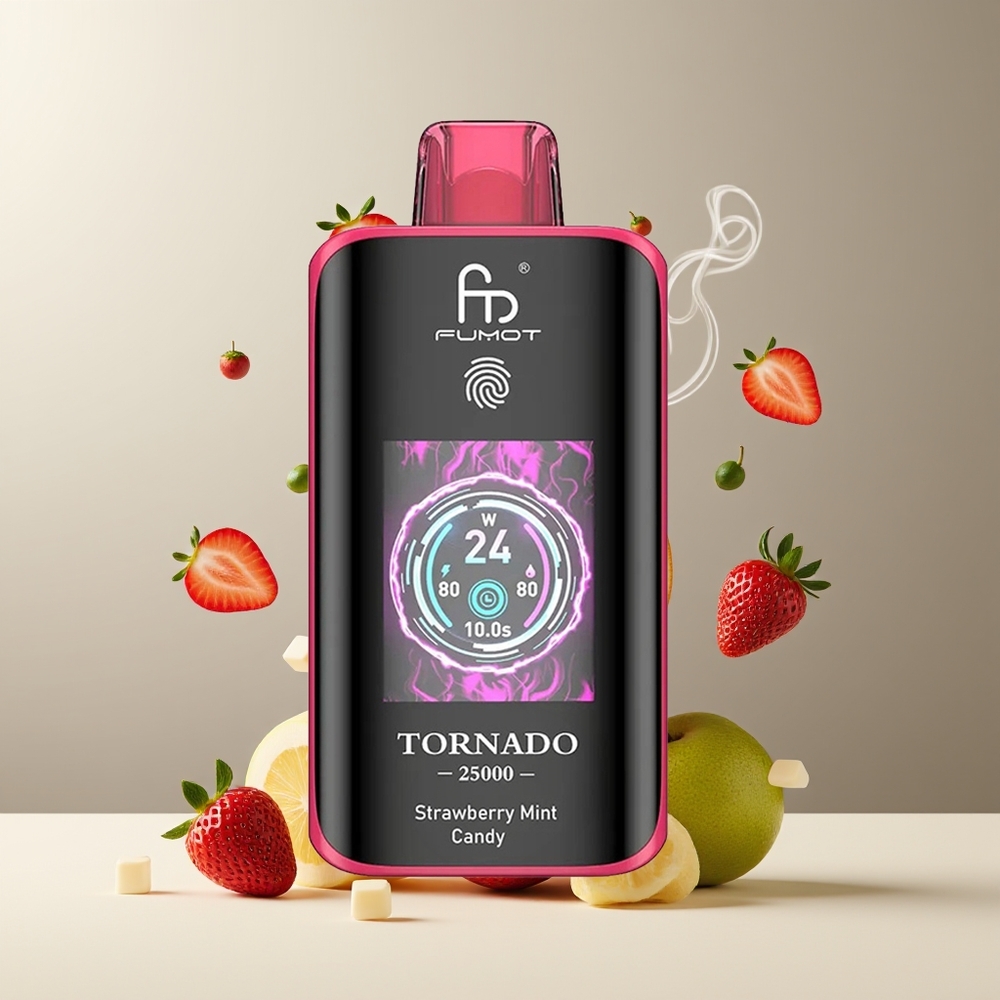 Fumot Tornado 25000 Puffs grossister Sverige med HD-skärm, 700mAh batteri & 20ml e-vätska Jordbær Mynte Slik