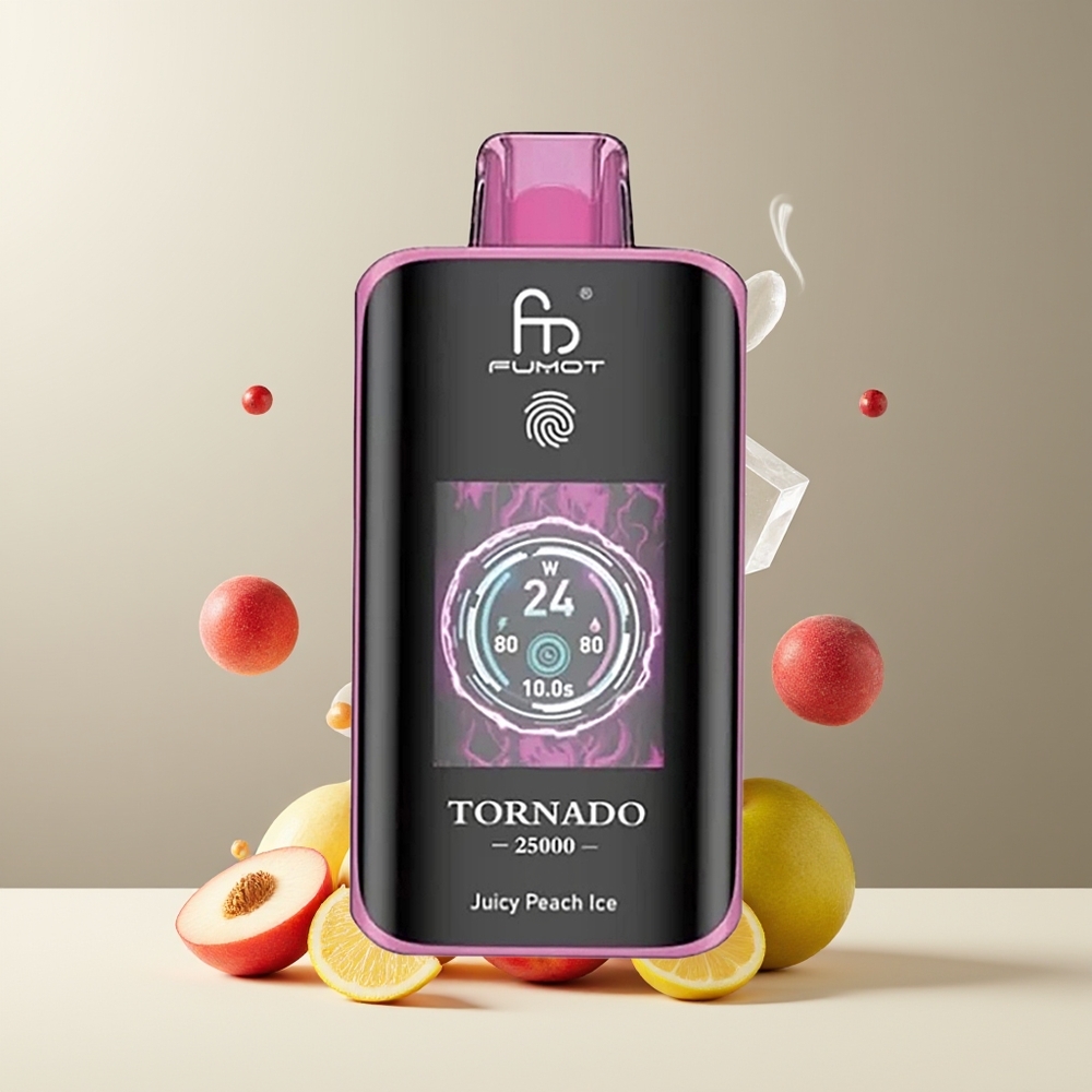 Fumot Tornado 25000 Puffs grossister Sverige med HD-skärm, 700mAh batteri & 20ml e-vätska Saftig Fersken Is