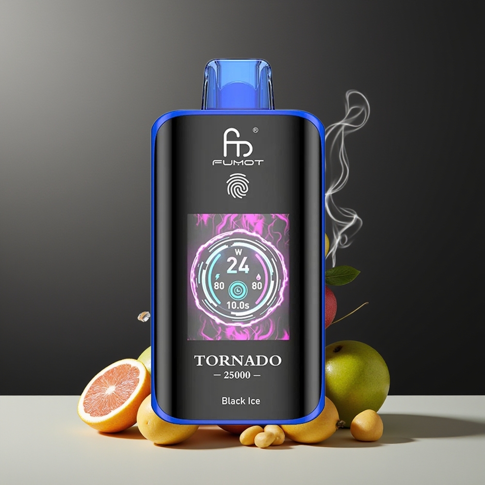 Fumot Tornado 25000 Puffs grossister Sverige med HD-skärm, 700mAh batteri & 20ml e-vätska Sort Is